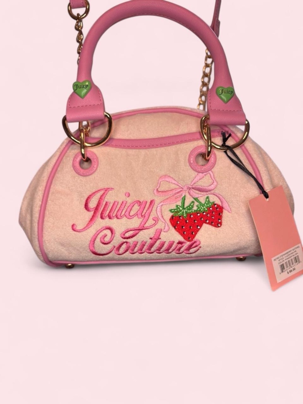 Juicy Couture Pink Strawberry Embroidered Satchel with Gold Hardware
